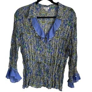 Jaipur Pleated Floral Blouse Boho Beaded 3/4 Sleeve Sz XL Blue Green Shabby Chic